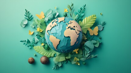 Earth Globe Surrounded by Green Leaves and Butterflies