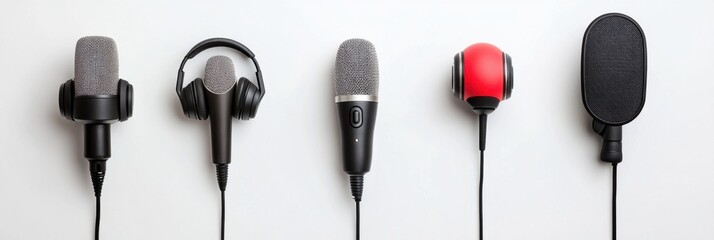 Naklejka premium Various stylish microphones and headphones aligned on a white background
