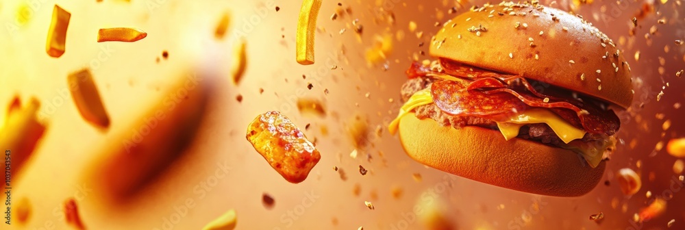 Aufkleber Bright abstractions of burgers, pizza, and fries create a lively atmosphere with an array of fast food elements scattered around. Generative AI