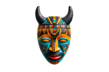 Colorful tribal mask with intricate patterns, white isolate background.