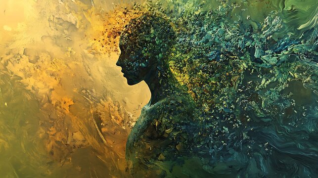 An abstract human form merging with nature representing unity and connection