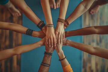 High angle view of a group of diverse people standing in a circle with their hands in a pile In the background, a yoga studio 