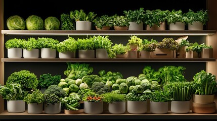 Assortment of fresh green vegetables displayed on shelves in a grocery store.