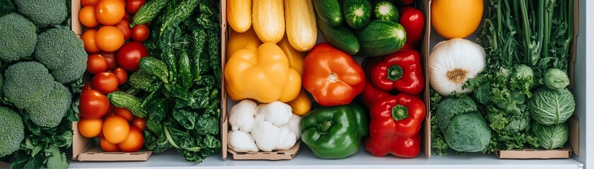 Assortment of fresh produce in boxes, including broccoli, peppers, tomatoes, and squash.