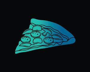 Original vector illustration of a slice of pizza with olives, salami, mushrooms and greens in vintage style.