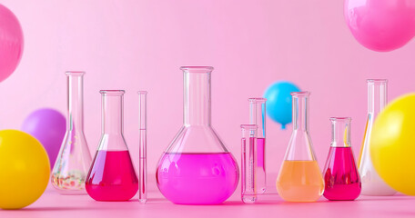 Pink background with lab equipment and test tubes on the table, creating a creative atmosphere for children's party decor.
