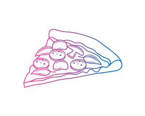 Original vector illustration of a slice of pizza with olives, salami, mushrooms and greens in vintage style.