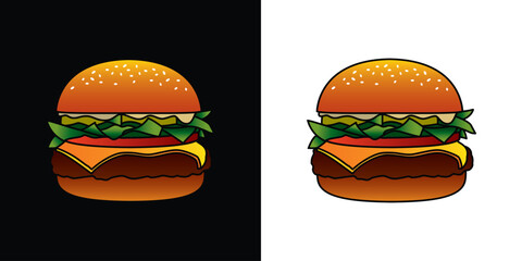Burger with cutlet, tomatoes and herbs. Original vector illustration in vintage style. T-shirt design.