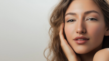 Naklejka premium A fresh-faced portrait radiating a natural glow, featuring minimal makeup and healthy skin, designed to provide a clean area for promotional text.