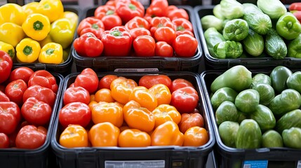 Freshly picked bell peppers and tomatoes in market crates.