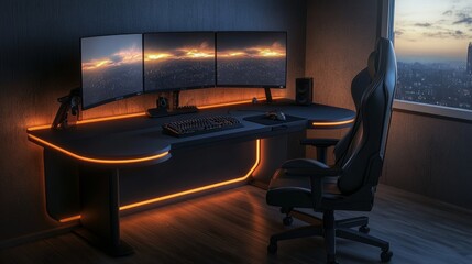 3D rendering of a gamer desk setup with dual monitors, RGB lighting, mechanical keyboard, and gaming chair in a dimly lit room