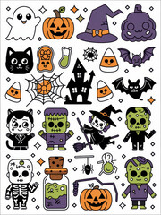 Fototapeta premium A colorful collage of Halloween-themed stickers featuring ghosts, pumpkins, witches, bats, and playful monsters.