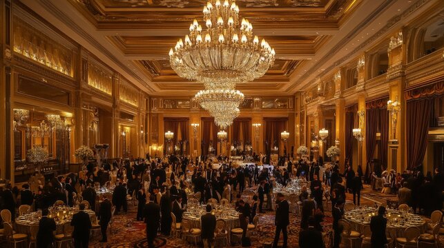 A Grand Evening: Elegance and Sophistication in a Lavishly Decorated Ballroom Filled with Guests Celebrating in Style Under Glimmering Chandeliers