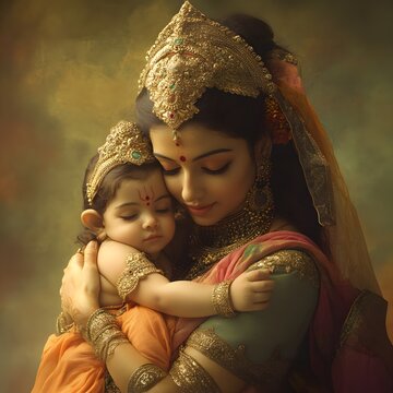 Serene Portrait of Goddess Parvati Embracing Her Child with Tenderness and Devotion