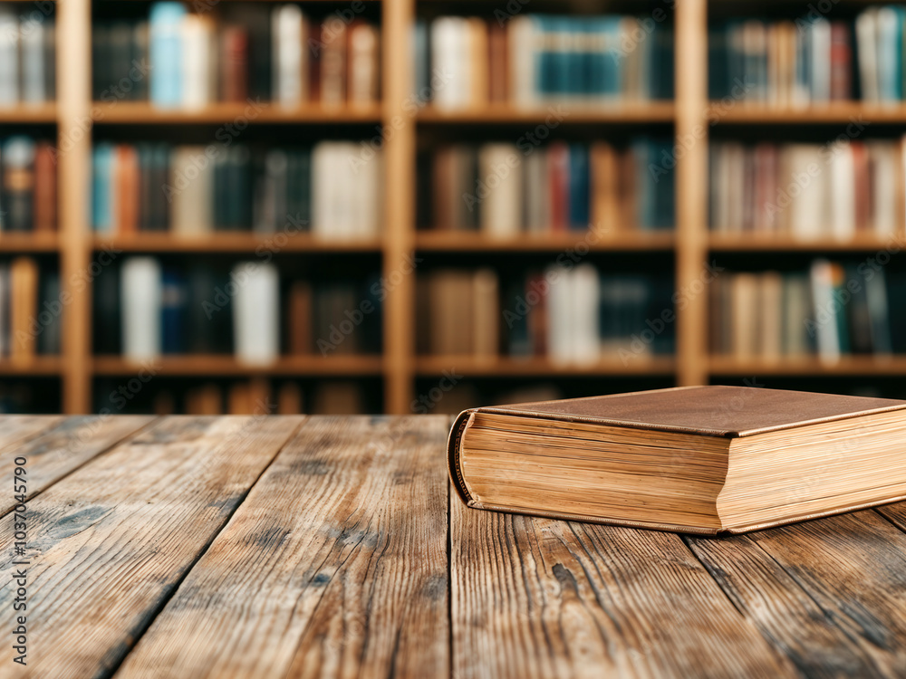 Poster old worn book resting on a wooden table in a library