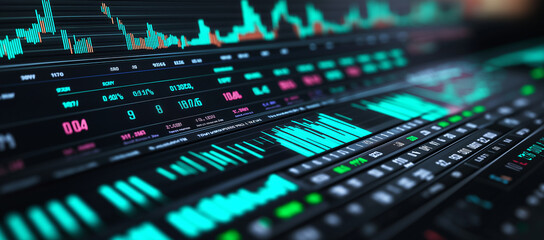 Naklejka premium Financial analytics dashboard on computer screen. Business data analysis, stock market research and investment strategy concept, Ai