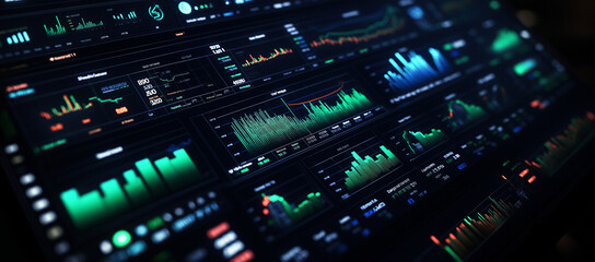 Naklejka premium Financial analytics dashboard on computer screen. Business data analysis, stock market research and investment strategy concept, Ai