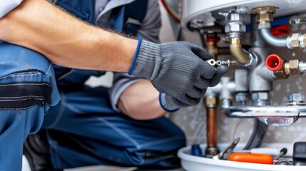 Skilled Plumber Soldering Copper Pipes on Hot-Water Heater with Organized Tools Nearby