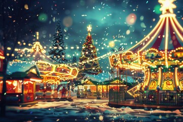 Obraz premium Festive abstract background with a cute Christmas amusement park, bokeh lights.