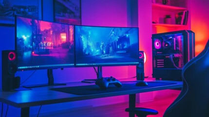 Naklejka premium Gaming desk in 3D render with neon lighting, mechanical peripherals, dual monitors, and a gaming controller resting on the table.