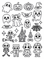 Fototapeta premium A whimsical Halloween-themed illustration featuring cute ghosts, pumpkins, bats, skeletons, and other spooky characters in a playful, cartoon style.