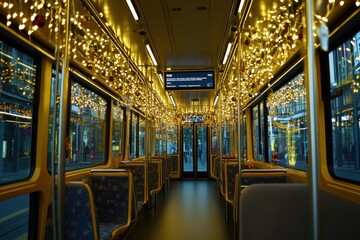 Fototapeta premium A cozy tram interior adorned with festive lights during the holiday season in the city