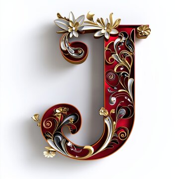 Elegant Red and Gold Letter J with Floral Design