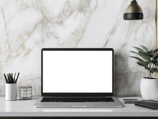 Fototapeta premium clean, white, free laptop monitor, with free space for text, on a desk on a light colored background with a houseplant on the desk, photo. Presentation, advertisement, contacts, template