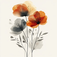 Delicate and vibrant flowers in shades of orange and gray create stunning visual display, showcasing their intricate petals and elegant stems. This artwork captures beauty of nature