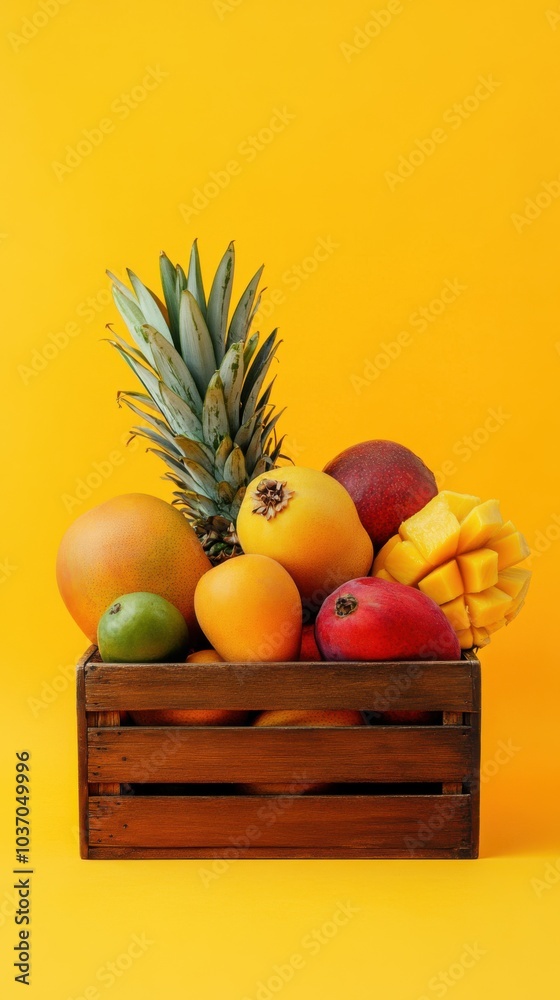 Wall mural a traditional wooden fruit basket containing a mix of tropical fruits like pineapples, mangoes, and 