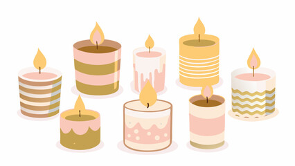 Scented wax candles. Modern aromatic decoration for cosy home interior. Decorative burning candlelight. Natural romantic decor with flame. Flat vector illustration isolated on white background


