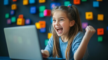Joyful Discovery: A Young Girl Celebrates an Exciting Moment While Engaged with Her Laptop Amidst a Colorful and Creative Background
