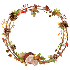 Autumn wreath mushrooms and berries - watercolor bouquets based on branches.