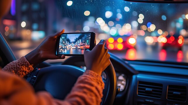 A person holding a smartphone while driving, capturing the potential risk of distracted driving. Perfect for safety campaigns, road safety awareness, or illustrating modern driving habits.