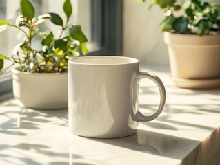 White porcelain cup, a cup with free space for text on the window sill against the background of the house plant, close-up, photo. Background, pattern, lunch, break, office, schedule, work, tea, drink