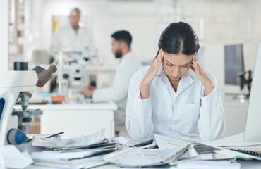 Fototapeta premium Science, stress and woman in laboratory with documents for medical analysis, research and study. Healthcare, biotechnology and scientist with paperwork for burnout, fatigue and frustrated at desk