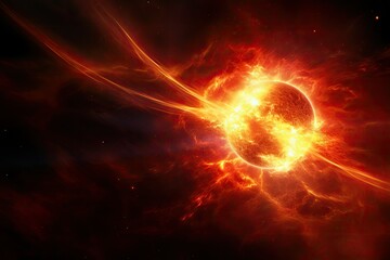 Obraz premium A vivid display of colors surrounds a fiery sun in space showcasing dramatic energy waves and swirling gases as they interact with the celestial body
