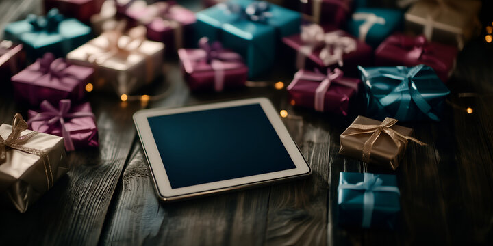 empty tablet screen and festive christmas decoration with colorful gift boxes on wooden table background