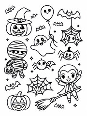 A playful Halloween-themed illustration featuring a witch, mummy, ghost, bats, spiders, and pumpkins, perfect for kids' coloring activities.