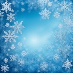Winter blue background with white texture snowflakes on frosty glass, window, frosty patterns, hoarfrost, illustration, vector, wallpaper, template, blank, postcard, with free space for text.