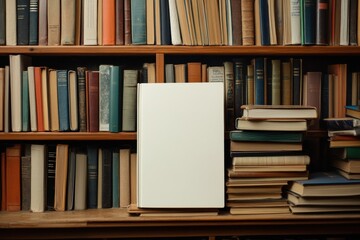A collection of vintage books on a wooden shelf with a blank book in the foreground for note-taking