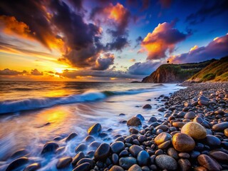 Capturing the drama: Beach rocks under the low light sky.