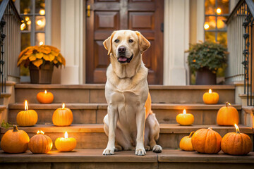 Halloween Labrador Sitting on Steps House Blurred Dark Background Pumpkins Glowing Pumpkins