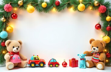 frame for text made from colourful kids toys, teddy bears, toy cars, balls, cubes, with golden garland lights, on white Christmas background, festive golden bokeh 