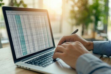 Working on laptop with data spreadsheet