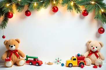 frame for text made from colourful kids toys, teddy bears, toy cars, balls, cubes, with golden garland lights, on white Christmas background, festive golden bokeh 