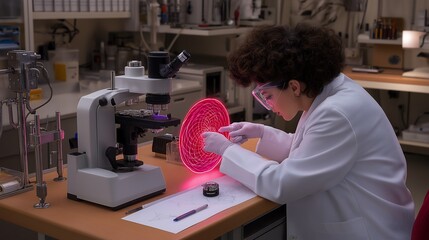 Obraz premium Female scientist observing plasma inside a nuclear fusion chamber. Bathed in blue light, holographic displays and scientific equipment