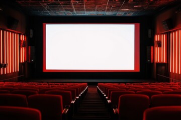 Fototapeta premium Empty cinema auditorium with red lighting and a large blank screen in anticipation of the next feature