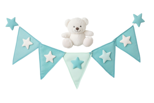 Teddy bear with decorative bunting in a soothing blue color scheme.