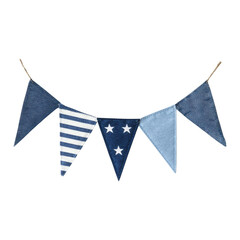 Fototapeta premium Colorful fabric bunting with various blue patterns on white isolate background.